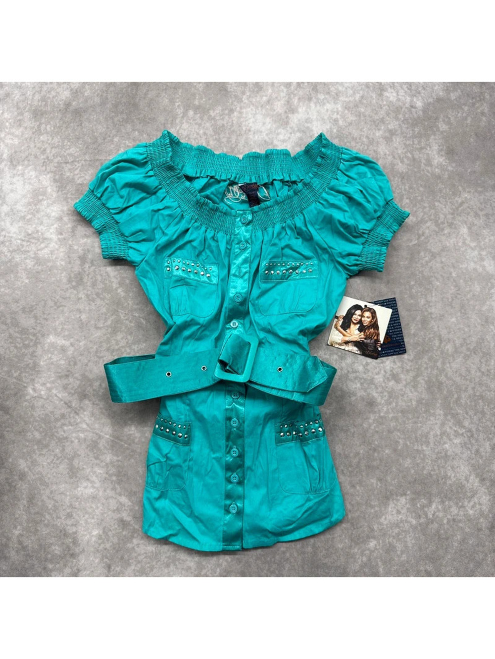 Vintage Y2K Deréon Beyonce Turquoise Studded Belted Milkmaid Top Small NWT